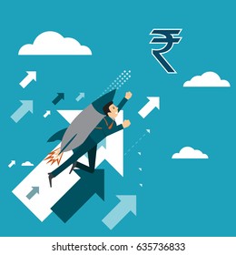 businessman rocket ride is helping hand to success financially indian rupee. business concept illustration. - Shutterstock ID 635736833