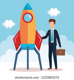 businessman with rocket startup