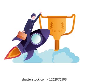 businessman with rocket and trophy avatar character