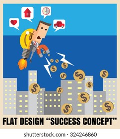 Businessman with rocket using a magnet attract money from; the city. Vector illustration Eps10 file.Idea go to success concept