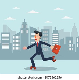 Businessman rollerblading. Young man rollerskating in the city street