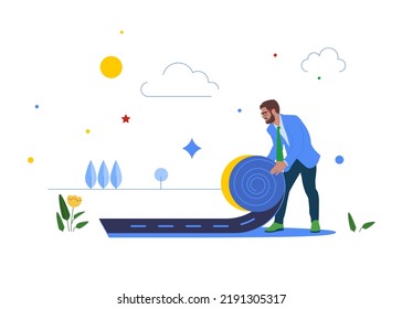 Businessman rolling career path road carpet for his team colleague. Career path road to success, begin career development, leadership to plan for business direction.