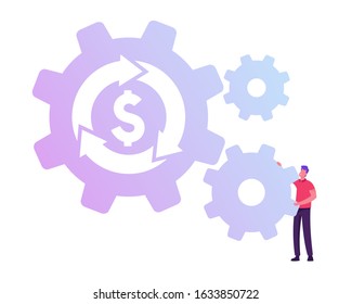 Businessman Rolling Cogwheel Mechanism with Dollar Sign and Loop Arrow. Currency Exchange, Return on Investment, Insurance, Loan Refinance Concept. Refund Stock Market. Cartoon Vector Illustration