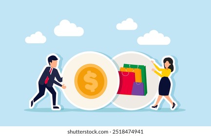 A businessman rolling a dollar coin while a businesswoman rolls a shopping bag, illustrating differing opinions between investing and spending assets