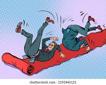 A Businessman Is Rolling Down The Red Carpet Carpet Of A Movie Premiere. Embarrassment Funny Fall. Pop Art Retro Vector Illustration 50s 60s Style Kitsch Vintage