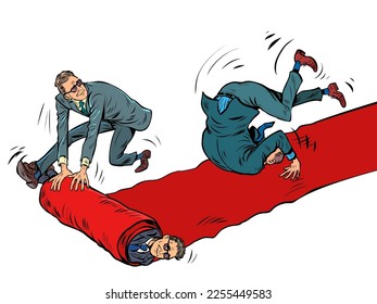 Un hombre de negocios está bajando la alfombra roja de un estreno de películas. la vergüenza es una caída graciosa. Dibujo vectorial retro de arte pop estilo años 50 kitsch vintage