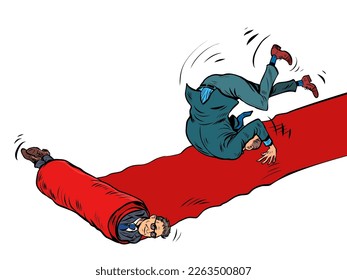 A businessman is rolling down the red carpet carpet of a movie premiere. embarrassment funny fall. Pop art retro vector illustration 50s 60s style kitsch vintage