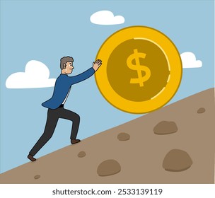 Hombre de negocios rodando una moneda gigante, hombre de negocios luchando, ilustración ejecutiva