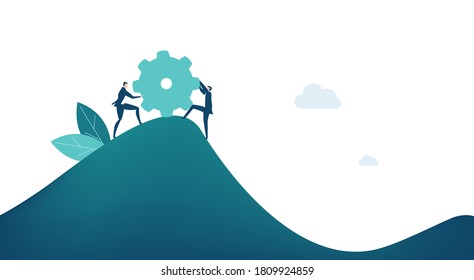 Businessman rolling up the hill gear as symbol of finding solution, solving the problem, achievement, success in business. Business concept illustration