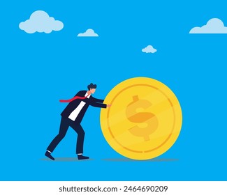 Un hombre de negocios está lanzando una Grande moneda de oro. Ganar, ahorrar e invertir financieramente. Estilo de diseño plano de Ilustración vectorial