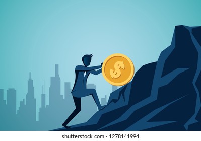 Businessman rolling and pushing dollar coin uphill on the mountain to the goal of success. leadership. illustration cartoon vector