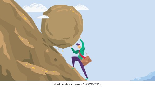 Businessman is rolling a stone uphill.
Difficulties in learning, doing business and financial problems trading place. Creative vector illustration.