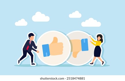 A businessman rolling a thumbs up while a businesswoman rolls a thumbs down, illustrating differing opinions on a matter