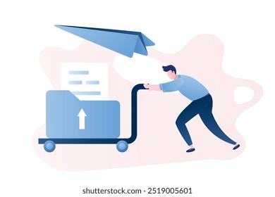 Businessman rolls the cart with document and paper plane flying. Email or message delivery, business communication, spam or marketing. trendy style vector illustration