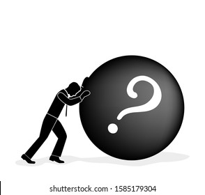 businessman rolls a stone with a big question. way to success. overcoming difficulties. vector illustration.