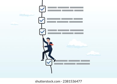 Businessman rope climbing on work check list completion, finish checklist or todo list, tick checkmark or work completion, questionnaire or productivity checklist, survey form or success plan (Vector)