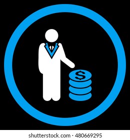 Businessman rounded icon. Vector illustration style is flat iconic bicolor symbol, blue and white colors, black background.