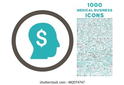 Businessman rounded vector bicolor icon with 1000 medical business icons. Set style is flat pictograms, grey and cyan colors, white background.