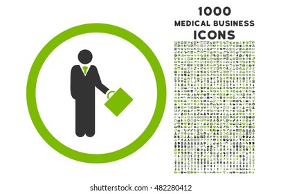 Businessman rounded vector bicolor icon with 1000 medical business icons. Set style is flat pictograms, eco green and gray colors, white background.