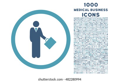Businessman rounded vector bicolor icon with 1000 medical business icons. Set style is flat pictograms, cyan and blue colors, white background.