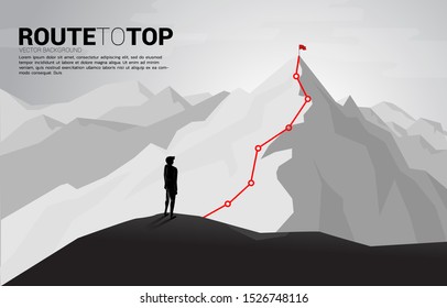 Businessman and Route to the top of mountain: Concept of Goal, Mission, Vision, Career path, Vector concept Polygon dot connect line style