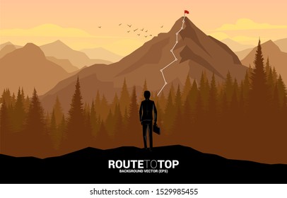 Businessman and Route to the top of mountain: Concept of Goal, Mission, Vision, Career path, Vector concept Polygon dot connect line style