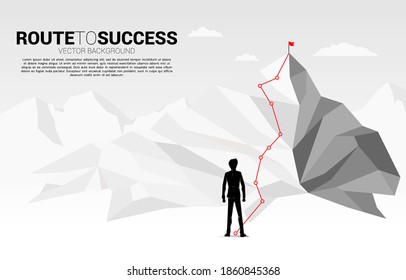 Businessman and Route to the top of mountain: Concept of Goal, Mission, Vision, Career path, Vector concept Polygon dot connect line style