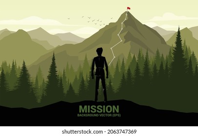 Businessman and Route to the top of mountain. Concept of Goal, Mission, Vision, Career path, Vector concept Polygon dot connect line style