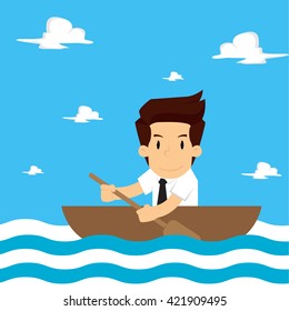 businessman rowing a boat in the middle of the sea.vector