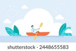 A businessman rowing in the boat in the sea. Male office boss travel swim labor ocean sea water kayak canoe vessel ship white text space background. Vector illustration