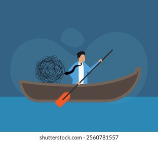 Businessman Rowing a Boat with Tangled Ball of Chaos - Concept of Navigating Problems and Overcoming Challenges 2d flat vector illustrations