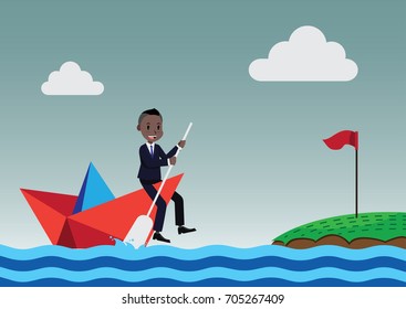 Businessman rowing the paper boat to shore.Business Concept.