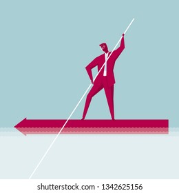 Businessman rowing. The ship is an arrow symbol. Isolated on blue background.