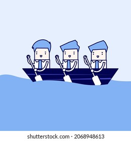 Equipo de remo de hombres de negocios, concepto de trabajo en equipo. Caracteres de dibujos animados vector de estilo de línea delgada.