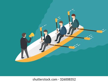 Businessman rowing team, Teamwork concept. Isometric 3d vector