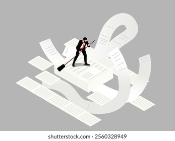 Businessman Rowing Through Paperwork - Concept of Workload and Overwhelm 3d isometric vector illustration