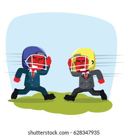  businessman with rugby helmet charging to each other 