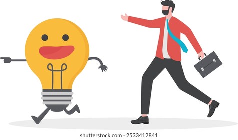 businessman run after idea bulb through the crossroad. Choices Idea and Decision concept.

