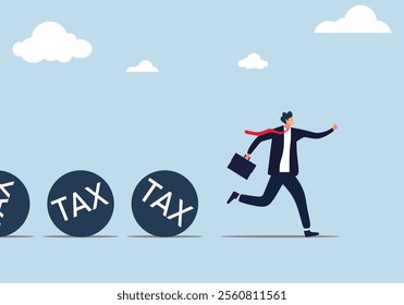 Businessman run away from big balls with “tax” written on them. A heavy tax burden to pay off, people paying taxes, economy, finance, tax concept. vector illustration