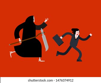 Businessman run away from death. grim Reaper is running after Boss