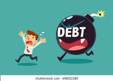 businessman run away from debt monster time bomb. business debt concept.