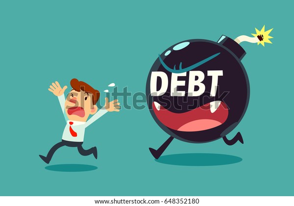 businessman run away from debt monster time\
bomb. business debt\
concept.