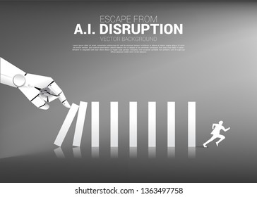 Businessman run away from Domino effect from Robot hand. business concept of disruption of A.I. to make the domino effect.