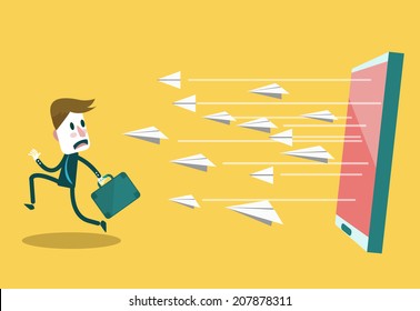Businessman run away from e-mail attract. Digital marketing and Social networking conceptual. flat design.illustration vector