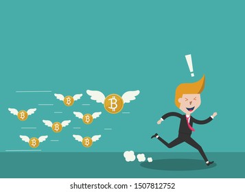 businessman run away from flying golden coin, vector, illustration