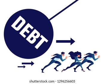 Businessman run away from heavy debt. Business finance concept