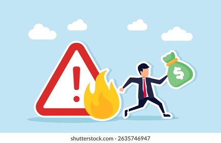 Empresário fugido segurar uma bolsa de dinheiro de um sinal de aviso em fogo ilustração de cautela e a necessidade de atenção em tomar decisões e políticas para proteger ativos financeiros de negócios