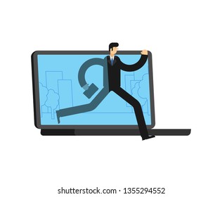 Businessman Run Away Laptop. Man Go Offline. Concept Stop Online. Escape From Internet
