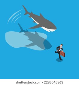 Businessman run away from shark isometric 3d vector illustration concept for banner, website, illustration, landing page, flyer, etc.