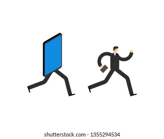 Businessman run away smartphone. Man go Offline. Concept stop online. Escape from internet
